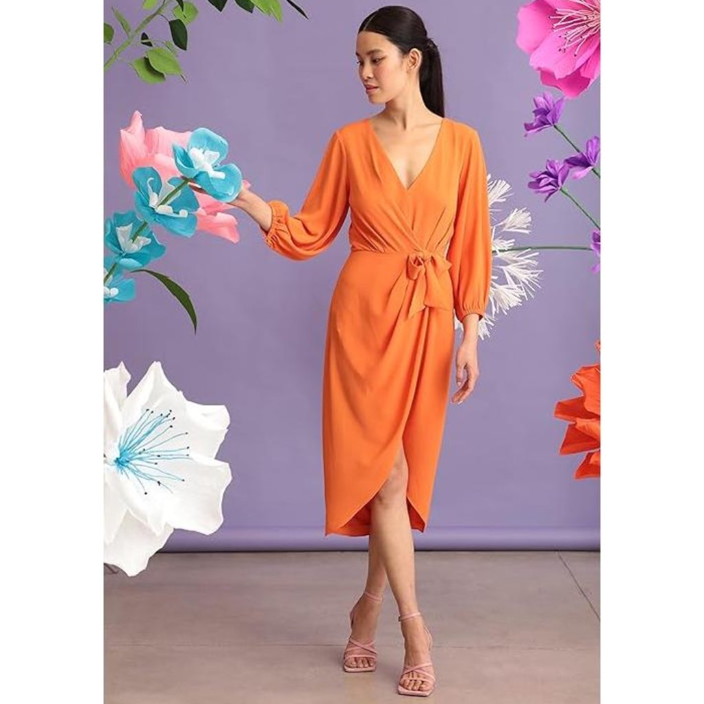New Maggy London Women's Long Sleeve V-Neck Faux Wrap Crepe Dress Sz 6 Orange